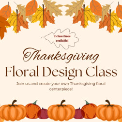 Thanksgiving floral design class poster with autumn leaves and pumpkins