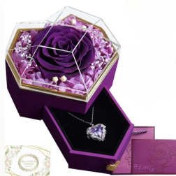 Purple rose in a hexagonal gift box with a necklace inside