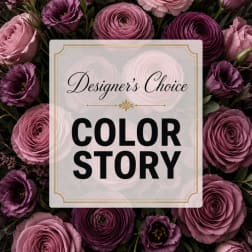 Purple and pink roses with a centered "Designer’s Choice Color Story" card
