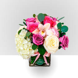 Pink and white roses with hydrangea in a square glass vase