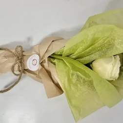 Wrapped bouquet with a white rose and green tissue paper