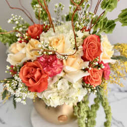 Coral and cream rose arrangement in a gold vase with trailing greenery