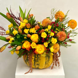 Yellow and orange floral arrangement in a pumpkin-shaped container
