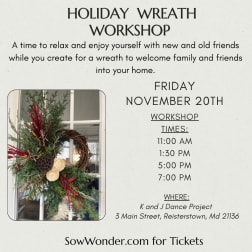 Holiday wreath workshop flyer with a wreath photo and event details