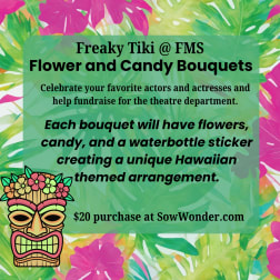 Tropical-themed flyer with flowers, candy bouquets, and a tiki mask graphic