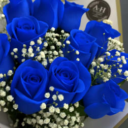 Bouquet of vivid blue roses with white baby's breath