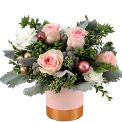 roses, baby breath and greenery with basket in Rockville, MD