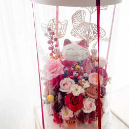 [SOAP FLOWER] Lucky Cat 2.0 Soap Flower arrangement in round clear box - Red