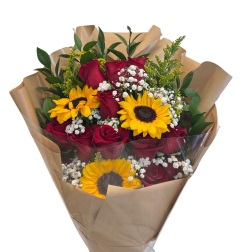 12 Red roses with 3 sunflowers.