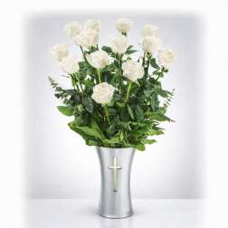 White Roses with Sympathy Cross Vase