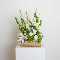 Eternal Grace Basket/ White Roses, Lilies and Bells of Ireland