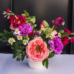 Compact arrangement of pink roses, purple carnations, red stock, and small white daisies in a white ceramic vase.