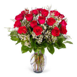Bouquet of red roses with white filler in a clear glass vase