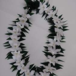White orchid lei with dark green leaves on a light surface
