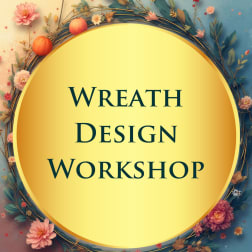 Floral wreath with pink flowers and small pumpkins around a yellow center