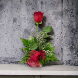 Single red rose with greenery and a red ribbon