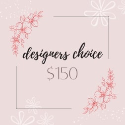 Pink designer's choice gift card with floral line art and $150 text