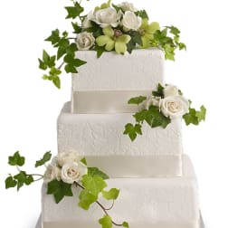Three-tier white cake with white roses and ivy