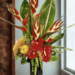 Tropical arrangement with red heliconia and red anthuriums in a tall black vase