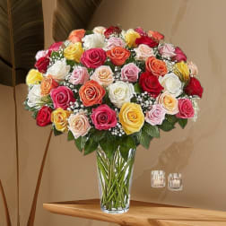Mixed roses in a clear glass vase with baby's breath
