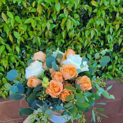 Low arrangement of peach roses and white blooms in a white bowl vase, held in front of a leafy hedge