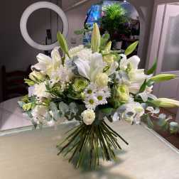 White lily and rose bouquet with daisies and eucalyptus