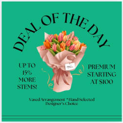 Bouquet of multicolored tulips wrapped in pink paper on a teal background