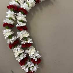 Red and white carnation lei arranged in a curved strand
