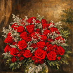 Bouquet of red roses in a clear glass vase with a ribbon