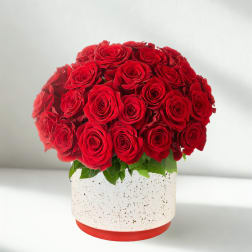 Red roses arranged in a round white speckled vase