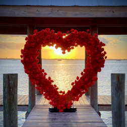 Heart-shaped red rose display on a dock at sunset