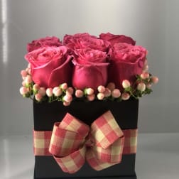 Pink roses arranged in a black box with a plaid ribbon bow