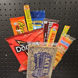Assorted snack gift basket with candy and chips