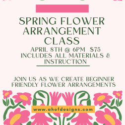 Flyer for a spring flower arrangement class with pink flowers and green vines on a pale background