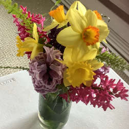 Bouquet of yellow daffodils, pink hyacinths, and purple blooms in a glass vase