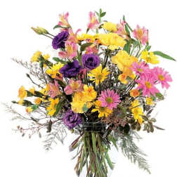 Mixed bouquet of yellow, pink, and purple flowers in a clear glass vase