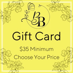 Yellow floral shop gift card design with black text and line-drawn flowers in the corners.