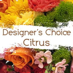 Designer’s Choice Citrus bouquet with orange, yellow, pink, and green flowers