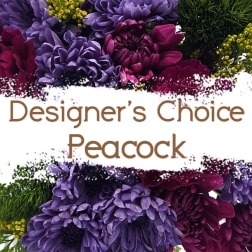 Purple and magenta flowers with yellow accents around the words "Designer’s Choice Peacock".