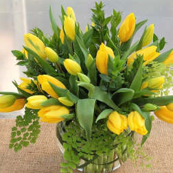 Yellow tulips arranged in a clear glass vase with fern foliage