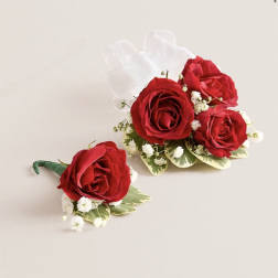 Red Corsage & Boutonniere Set (White Bow)
