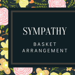 Sympathy basket arrangement text on a floral patterned background