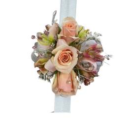 Peach rose corsage with ribbon and rhinestone accents