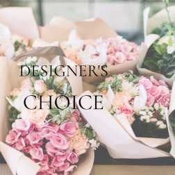 Assorted pastel flower bouquets wrapped in paper with "Designer’s Choice" text