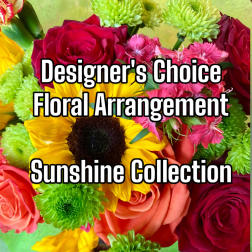 Mixed bouquet with roses, sunflowers, and green chrysanthemums