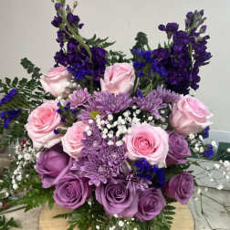 Bouquet of pink and purple roses with lavender chrysanthemums
