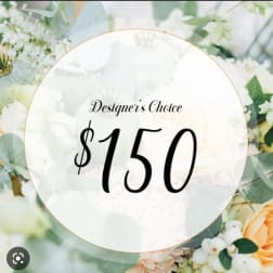 Designer’s Choice $150 text over a soft pastel floral background