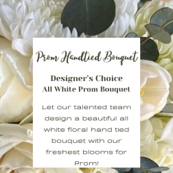 All-white bouquet of roses and chrysanthemums with dark round leaf accents