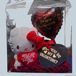 Hello Kitty plush with Valentine heart balloons in a clear gift box
