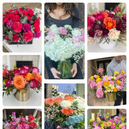 Collage of colorful rose bouquets and vase arrangements